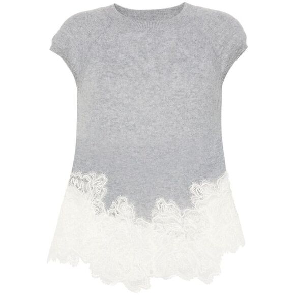 Embroidered Wool T-Shirt with Lace Paneling